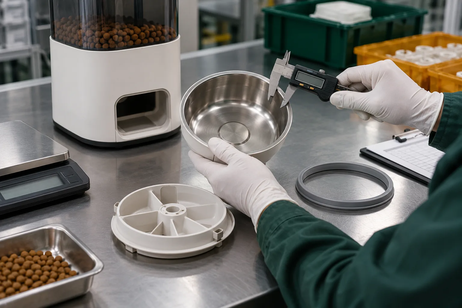 Technician inspecting smart pet feederses at a quality desk